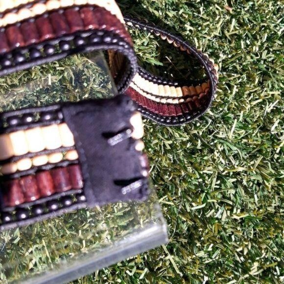Loft Belt Beaded Tribal Wood 1" Cincher Hook Loop Brown Tan Black Sz M/L - Picture 5 of 8